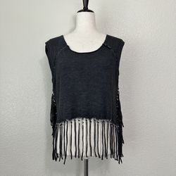 Urban Outfitters Ecote Boho Gray Mineral Wash Fringe Crop Top