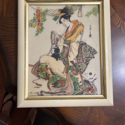 Vintage Edris Geisha And Kitten Colored Engraving