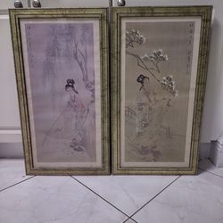 Set Of 2 Vintage Chinese Print Of Woman Geisha Fishing And Under Tree Framed; 26" x 14" .