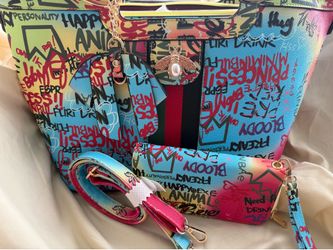 Graffiti Print Tote Bag Set | Colorful Street Art Purse w/ Wallet & Strap