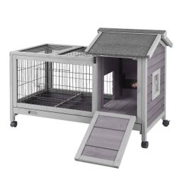 Aivituvin Rabbit Hutch with Run AIR24, Deep Pull-Out Tray and Wheels - Rabbit Hutch-Gray