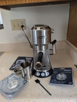 Delonghi Dedica Espresso Machine (stainless steel) with coffee beans, descaler and accessories