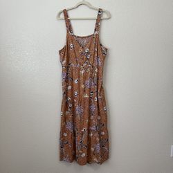 Sonoma Linen Blend Brown Floral Smocked Midi Dress
