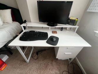 White Computer Desk with Monitor Shelf and Drawers