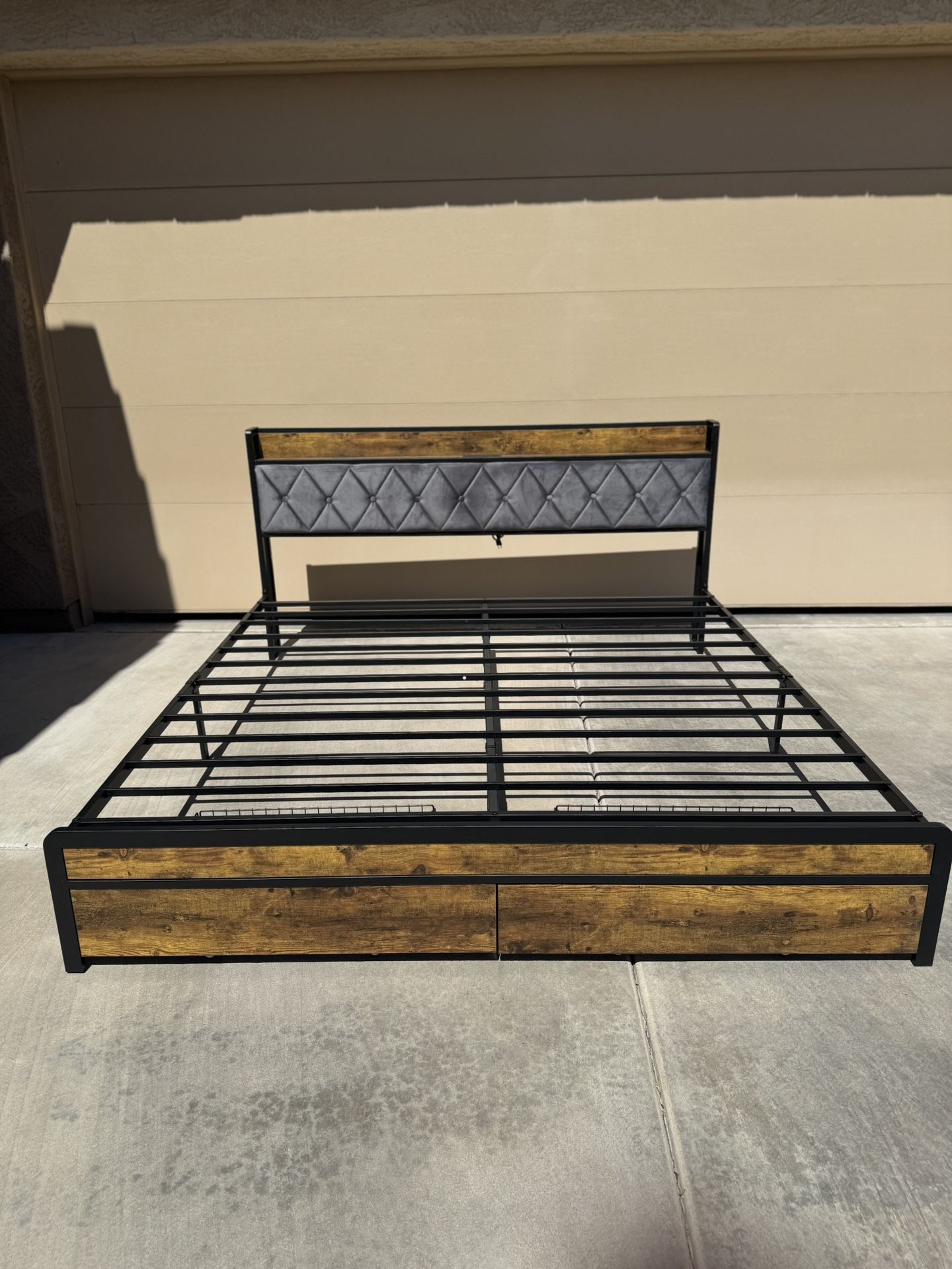 King Size Metal Platform Bed w/ 2 Storage Drawers, LED Light, Velvet Headboard w/ charging station