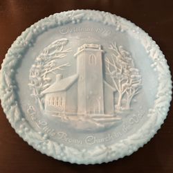 Vintage Fenton Blue Satin Glass 1970 Christmas in America Plate