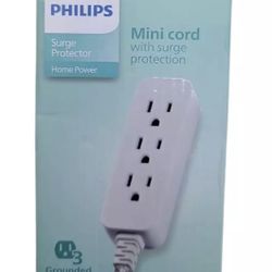 Philips 3-Outlet Surge Protector with 1 Ft. Extension Cord, Gray and White