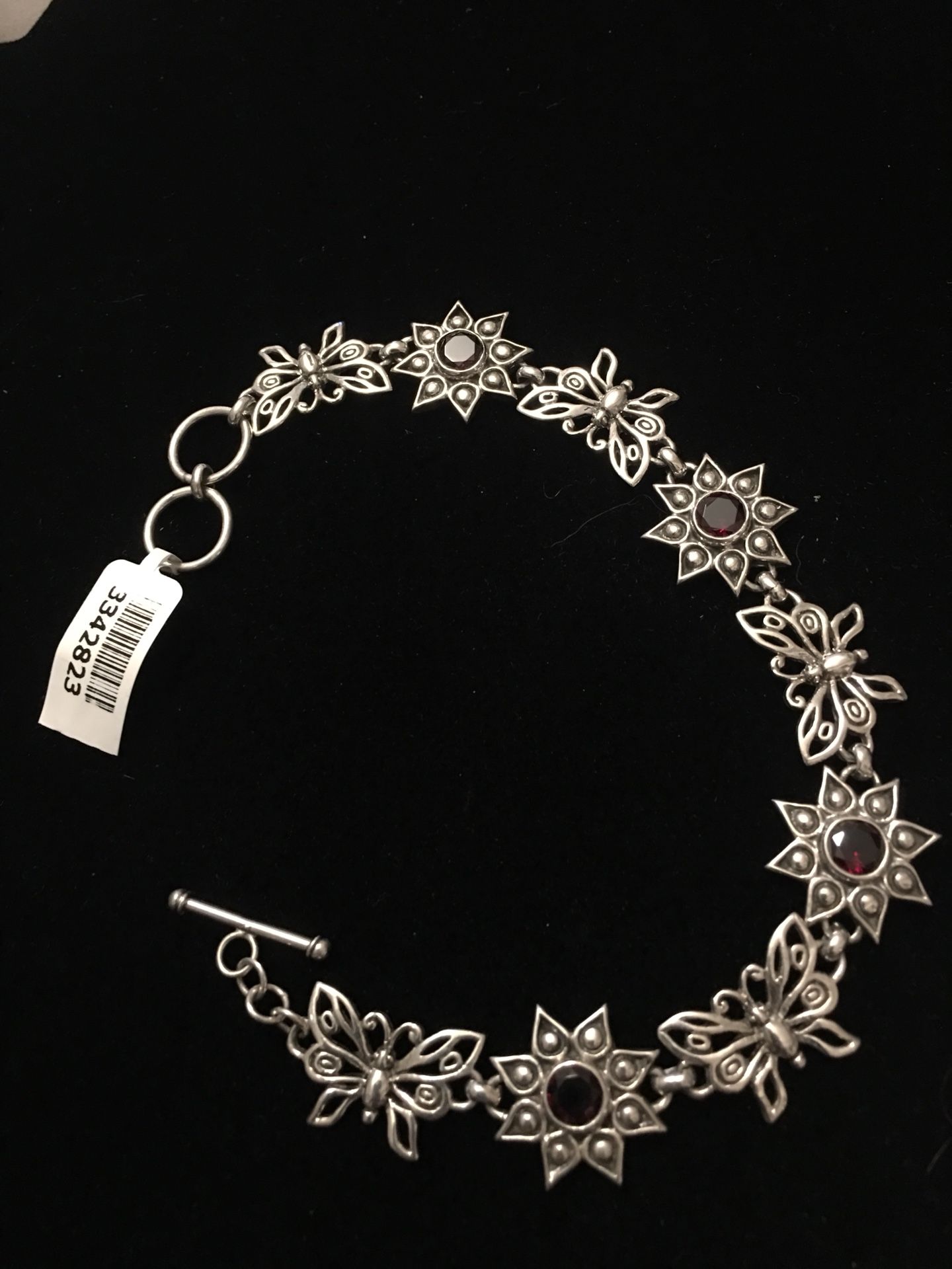 Garnet butterfly & flower sterling silver bracelet