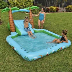 New Specifications  Portable pool Water spray arch Two-step slide Ages 3+ Easy hose connection Heavy-duty handles Heavy-gauge PVC for long-term use Sp