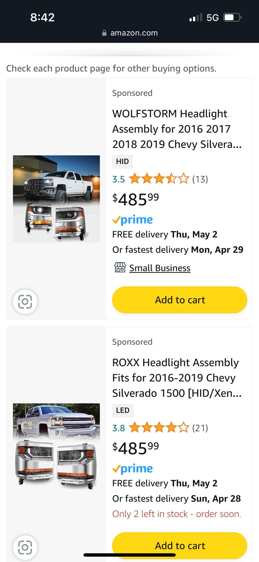 Headlights 2016-19Chevy Silverado 1500