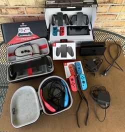 Nintendo Switch LARGE BUNDLE w/ 2Neon Blue & 2 Neon Red Joy-Cons plus much more