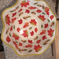Temptations Old World Harvest Handmade Handcrafted Hand Painted Autumn Fall Season Leaves Leaf Acorns Ceramic Bowl Dish Thanksgiving Halloween