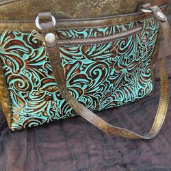 Patricia Nash Leather Zorita Tool Turquoise Shoulder Bag  Thumbnail
