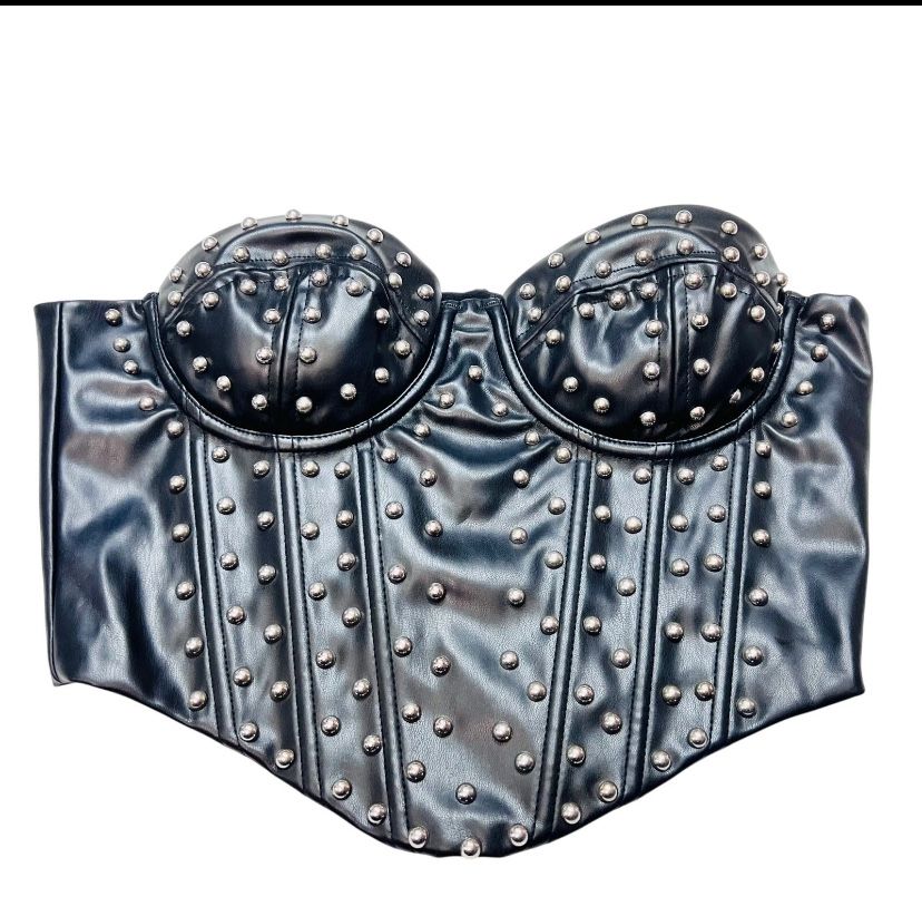 Windsor Halter Corset Top Small Black Leather Strapless Metal Studded All Over