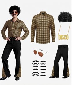 Mepase 6 Pcs Men 70s Disco Outfit Bell Bottom Pants Wig Retro Costume Set Sequin Shirt Flare Pants Sunglasses Mustache, New Year Eve Halloween Party S