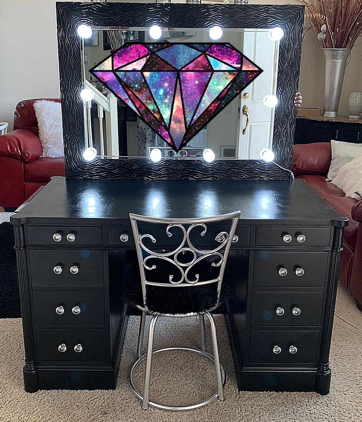 Big beautiful black makeup vanity sets with led light up mirror and chair 👀👀🔥🔥🤗