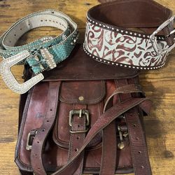 Genuine vintage messenger Leather Bag & Belts Bundle
