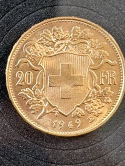 1949- Swiss Gold 20 Francs Helvetia AU