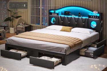 California King Bed Frames with 6 Storage Drawers, with Headboard, LED Lights & Charging Station, PU ,Black