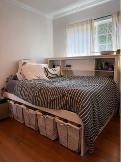 FULL SIZE bed with mattress, frame, storage bins, & LED lights installed