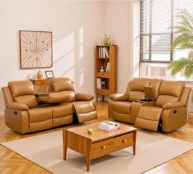 Caramel leather fully reclining couch and love seat
