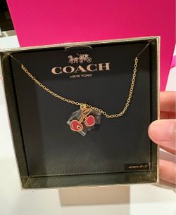 NWT Coach Heart Cherry Pendant Necklace Gold Red Plated Brass Cubic Zirconia