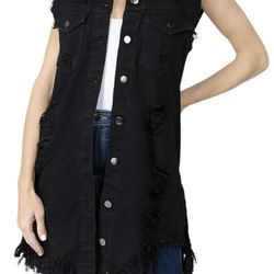 WOMEN'S DESTROYED LONG DENIM VEST