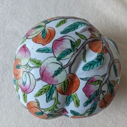 Vintage Chinese Hand Painted Famille Rose Ceramic Peach Shaped Trinket Box