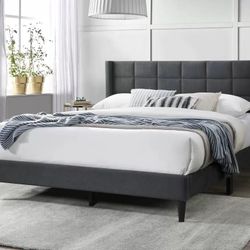 Queen Size Grey Button Bed W Ortho Mattress