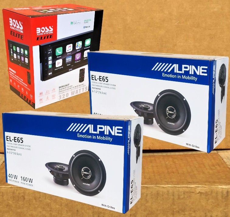 Boss Double Din Car Stereo DVD CD Player USB Apple Carplay Android Auto Bluetooth Alpine 6 1/2" 2-Sets Coaxial Speaker System 320 Watts Package 🚨