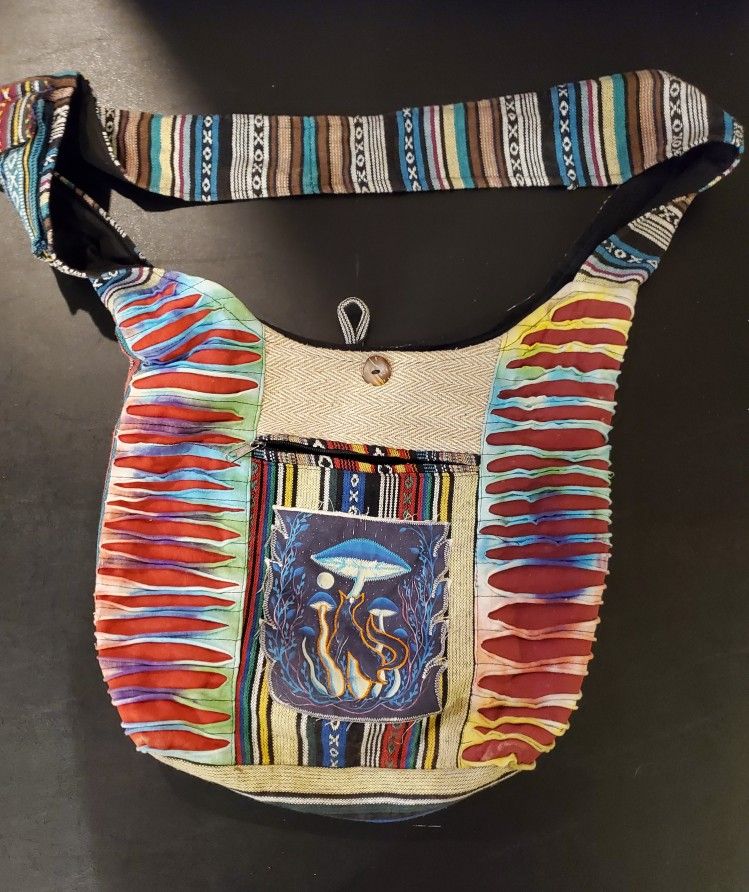Multicolor Striped Bohemian Hobo Bag with Mushroom Patch - Like New Condition