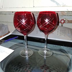 Ruby Red Cut To Clear Crystal Wine Glasses 
