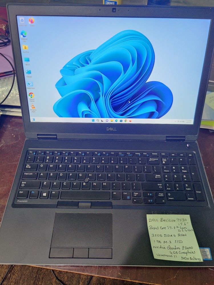 Dell Precision 7530 15.6" Intel Core i7-8850H, 32GB DDR4 Ram,1TB M.2 SSD, Nvidia Quadro P2000 4GB Graphics, Windows 11 Pro, Charger.