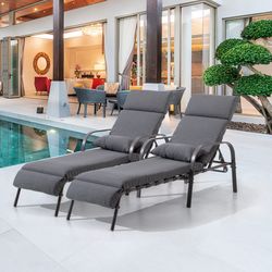 New 2pc Outdoor Patio Chaise Lounge Chairs Pool Yard Dark Grey Cushion