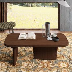 
47.2" Pine Wood Coffee Table Rectangle-shaped in Walnut with Abstract Base