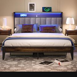 Bed Frame Queen Size, Metal Platform Bed Frame with Storage & LED  New In Box