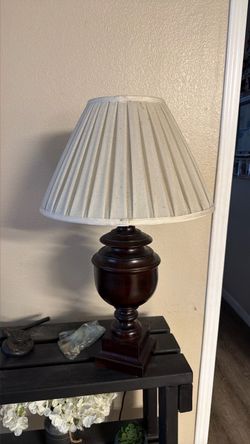Dark Wood Urn Table Lamp with Pleated Shade