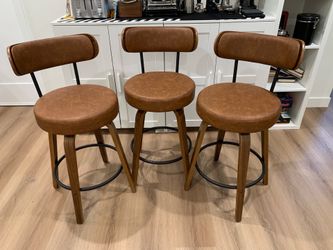 26'' Swivel Bar Stools Set of 3, Upholstered Faux Leather. Brown