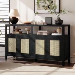 Rattan Buffet Storage Cabinet with 4 Doors and 3 Adjustable Shelves Sideboard with Open Shelf and Solid Wood Frame
