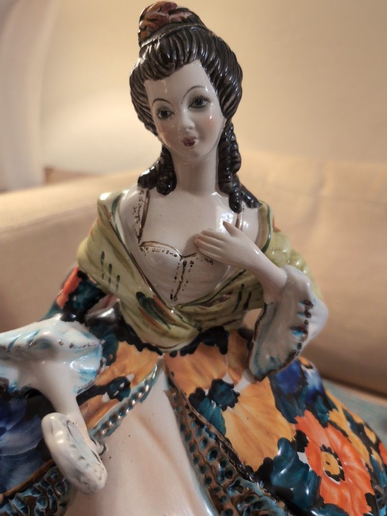 1930s Large Victorian Lady Figurine Sitting on Vanity Stool 15 Inches Tall and Wide