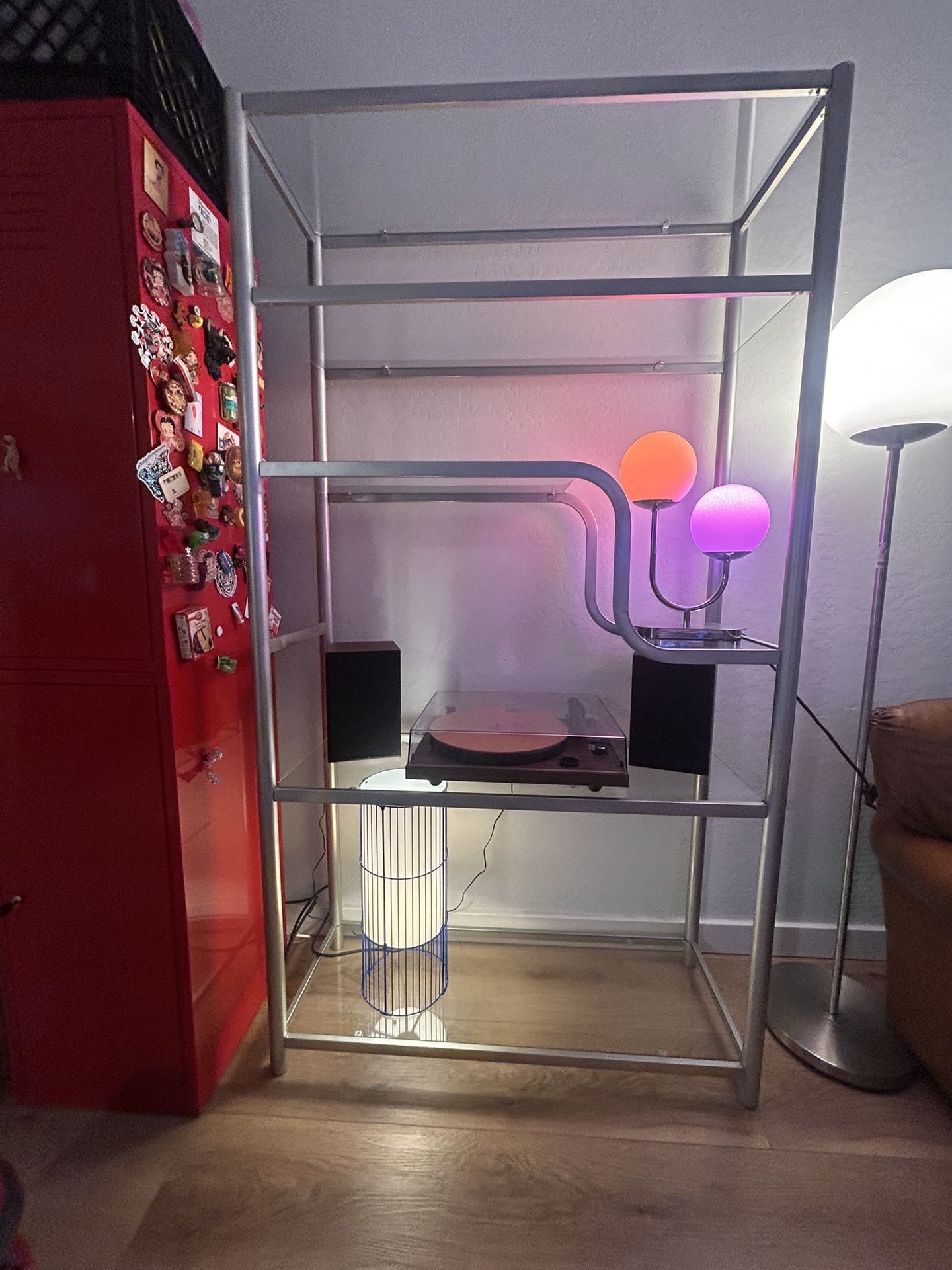 Vintage Postmodern Glass and Metal Display Shelf 