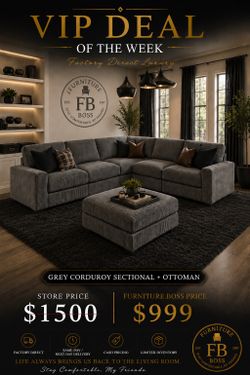 Grey Sectional + Ottoman | Large Corduroy Modular  Sectional with Deep Seating