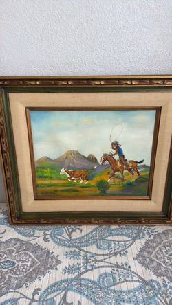 Framed Western Cowboy Roping Oil Painting
