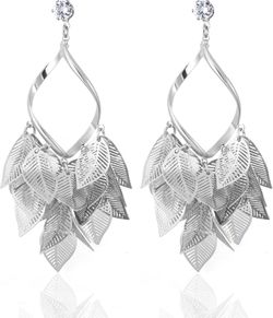 Silver Leaf Dangle Chandelier Earrings for Women 925 Sterling Silver