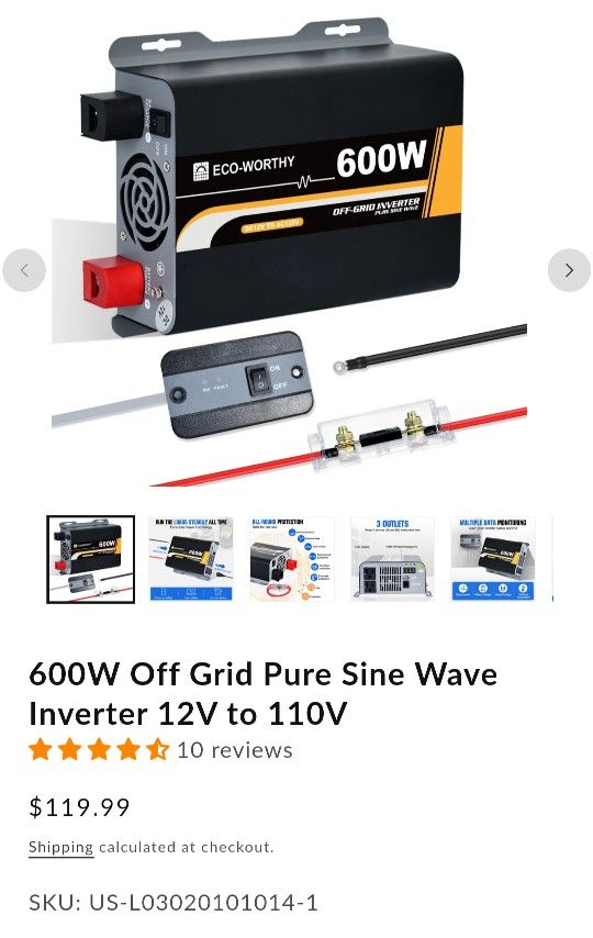 Eco Worthy 600W Off Grid Pure Sine Wave Inverter 12V to 110V NEW $75