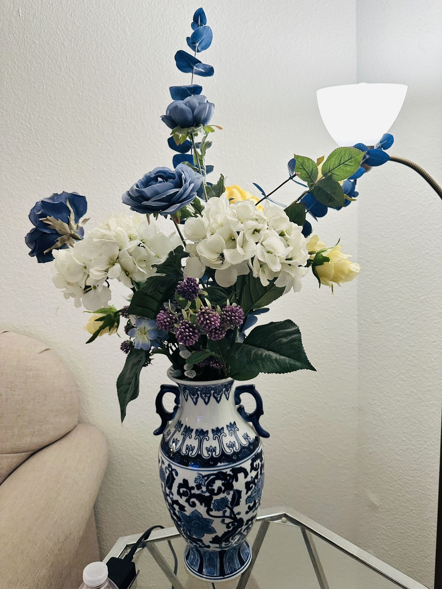 Artificial Flowers And Vase, Blue And White