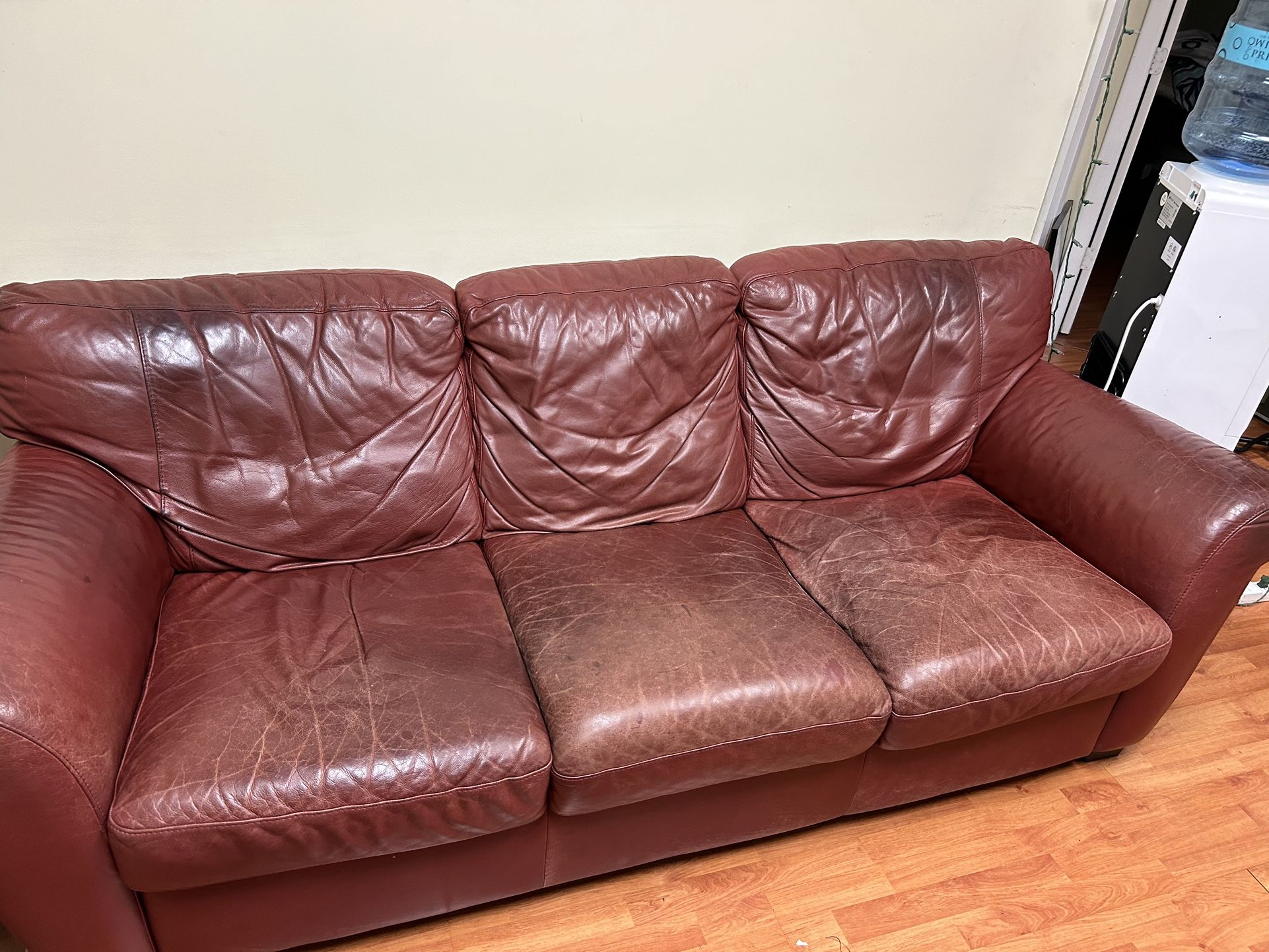 Natuzzi Brand Red Leather Couch 3 Seater Sofa USED