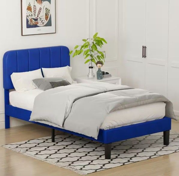 Upholstered Bed Frame Blue Metal Frame Twin Platform Bed with Adjustable Headboard, Strong Wooden Slats