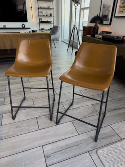 Anke Counter Stools Set of 2 - Brown Faux Leather, 24in Seat