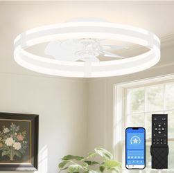 New 19.7in Low Profile Ceiling Fan W Light& Remote 3000K-6500K Dimmable Fandelier White Flush Mount